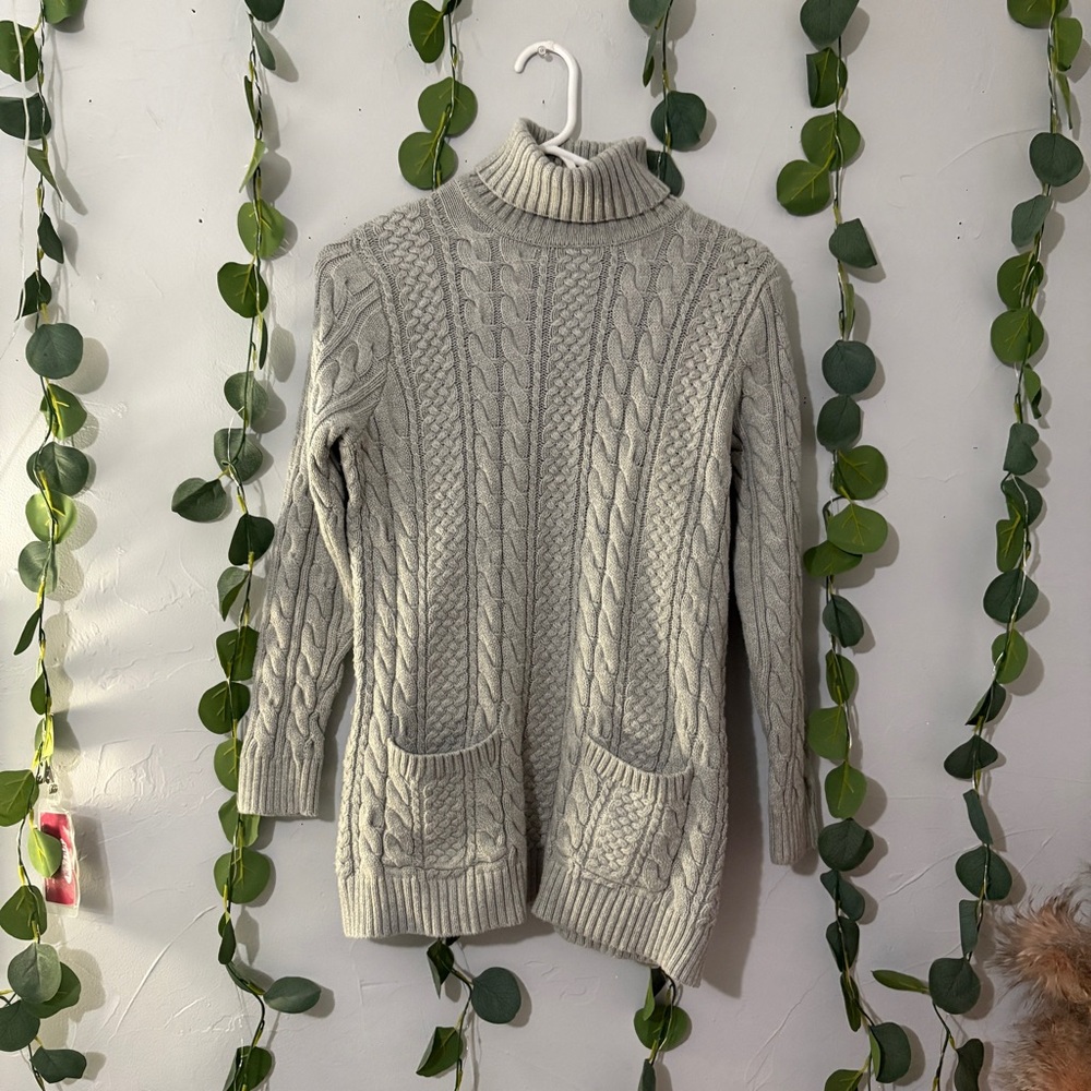 Gray Cable Knit Turtleneck Sweater